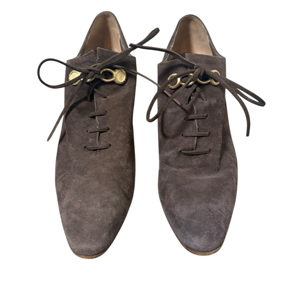 Via Spiga Vintage Italian Suede Flared Heel Shoe Golden Charm Womens Size 45 - Picture 2 of 9